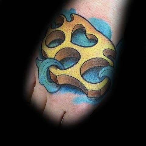 Cool Gold And Blue Ink Brass Knuckles Hand Tattoos For Men