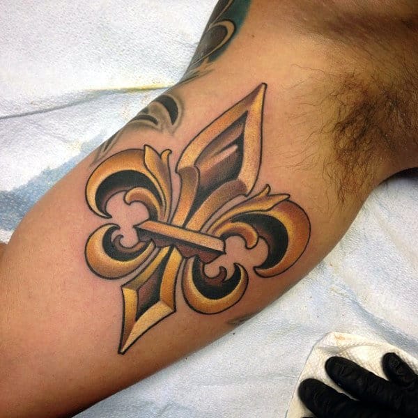 Cool Gold Fleur De Lis Mens Inner Arm Bicep Tattoo Ideas