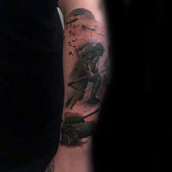 Cool Green Ink Army Solider And Tank Mens Forearm Tattoo