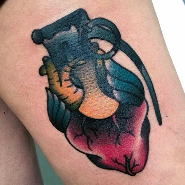 Cool Grenade Heart Male Traditional Tattoo Designs
