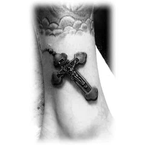 Cool Guys 3d Lower Leg Rosary Cross Tattoo Design Inspiration