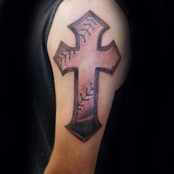 Cool Guys Baseball Cross Upper Arm Tattoo Design Inspiration