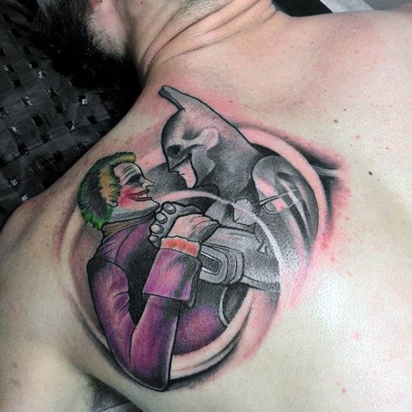 Cool Guys Batman Joker Tattoos On Back Of Shoulder Blade