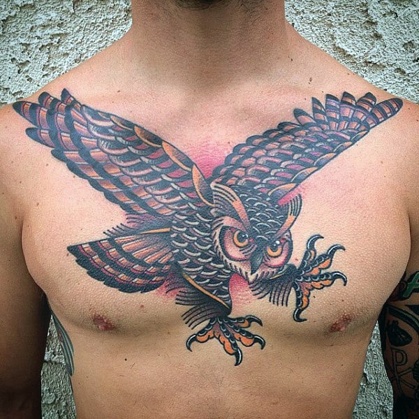 Cool Guys Flying Owl Traditional Chest Tattoo Ideas
