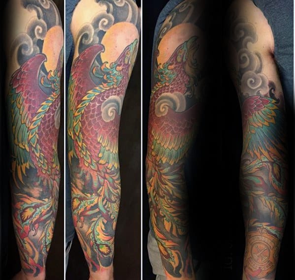 Cool Guys Japanese Phoenix Sleeve Tattoo Design Ideas