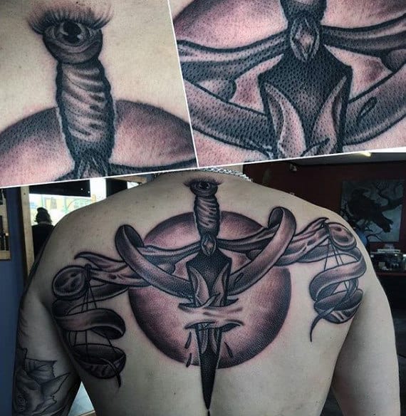Cool Guys Shaded Back Libra Dagger Scale Tattoo