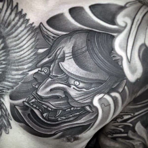 Cool Guys Shaded Hannya Mask Chest Tattoo Inspiration