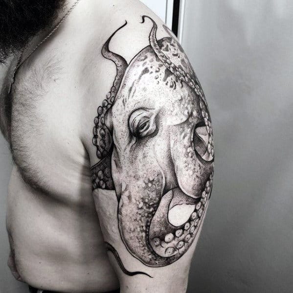Cool Guys Upper Arm Shaded Octopus Tattoo Design Inspiration