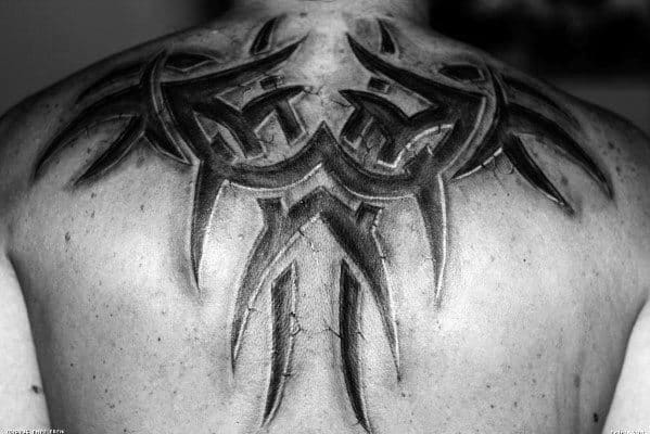 Cool Guys Upper Back 3d Tattoo With Tribal Design