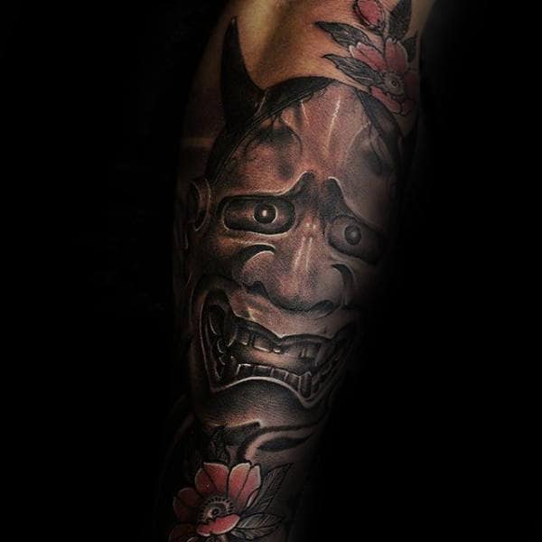 Cool Hannya Mask With Sorrowful Design Tattoo On Male