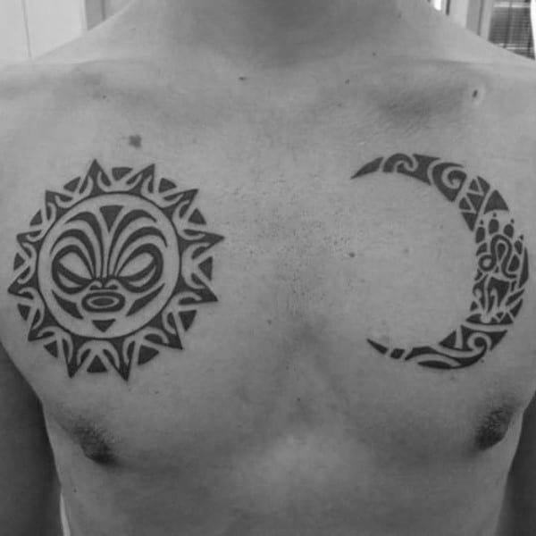 Cool Hawaiian Tribal Sun Mens Chest Tattoo With Moon