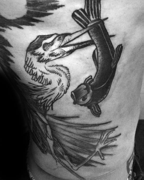 Cool Heron With Fish Rib Cage Side Tattoo Design Ideas For Male