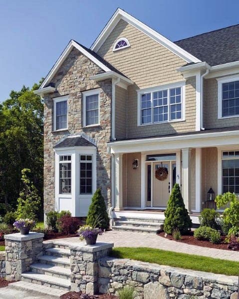 Cool House Siding Design Ideas Tan With Stone Accent