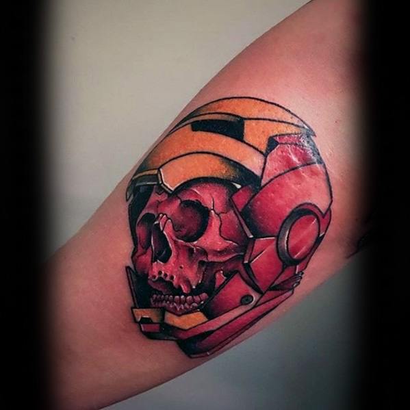 Cool Iron Man Skull Inner Arm Bicep Tattoo Design Ideas For Male