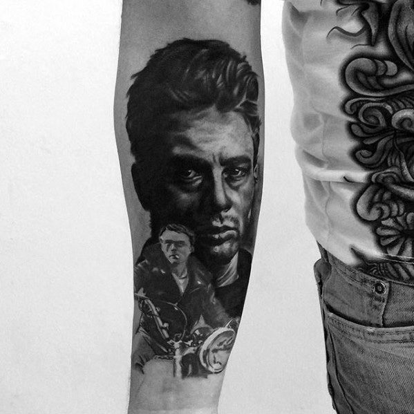 Cool James Dean Portrait Forearm Tattoo Design Ideas For Male