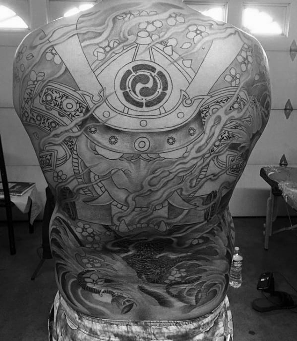 Cool Japanese Demon With Samuari Helmet Mens Shaded Back Tattoos