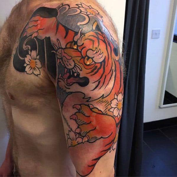Cool Japanese Mens Tattoo Of Tiger Half Sleeve