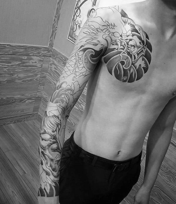 Cool Japanese Shaded Dragon Black And Grey Mens Tattoo On Chest