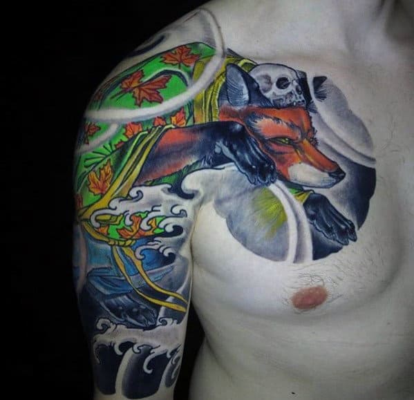 Cool Kitsune Tattoo On Males Arm And Upper Chest