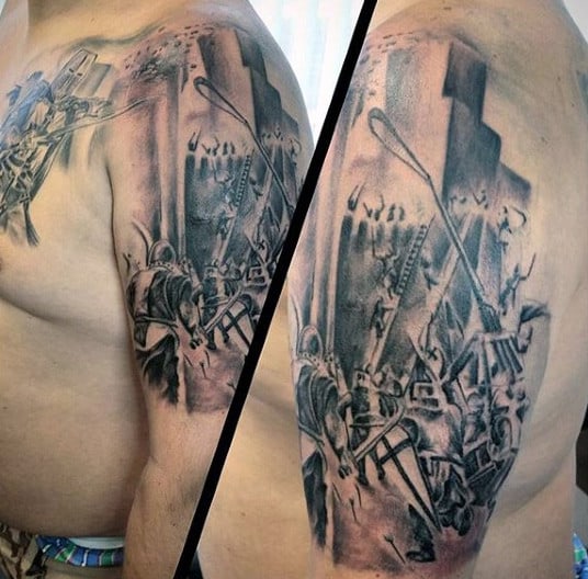 Cool Knight With Shield And Hemet Tattoo On Man