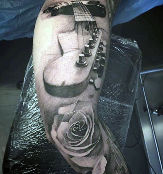 Cool Leg Sleeve Guitar Tattoo Designs For Men