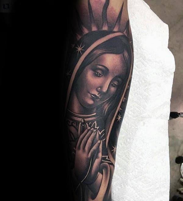 Cool Leg Sleeve Guys Virgin Mary Tattoo Design