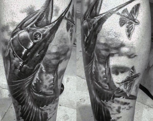 Cool Leg Swordfish With Bait Lure Tattoo Design Ideas For Male