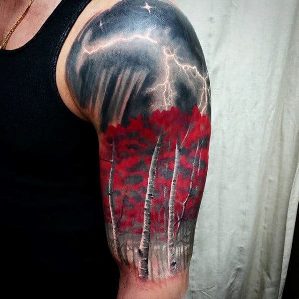 Cool Lightning Birch Tree Half Sleeve Tattoos For Men With Realistic Design