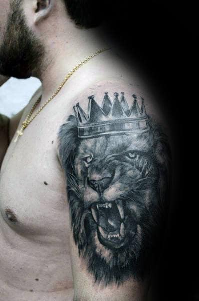 Cool Lion With Crown Shaded Male Tattoo On Arm