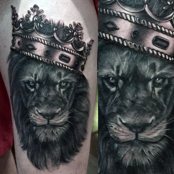 Cool Lion With Metallic Crown Mens Thigh Tattoo Deigns