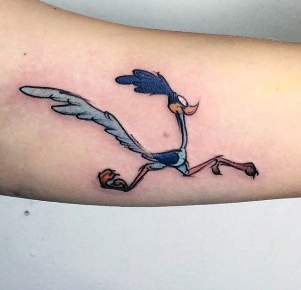 Cool Looney Tunes Inner Arm Bicep Road Runner Tattoo Design Ideas For Male