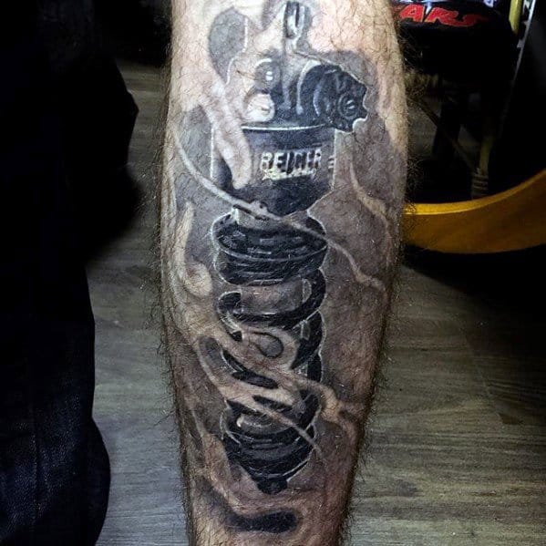 Cool Male Black And Grey Ink 3d Leg Suspension Tattoo Designs