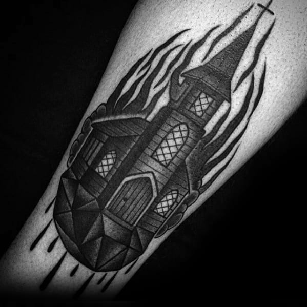 Cool Male Burning Church Tattoo Designs.