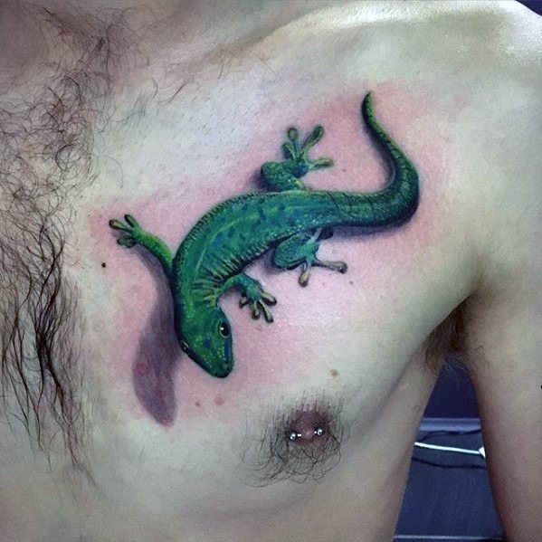 Cool Male Chest 3d Gecko Tattoo Designs