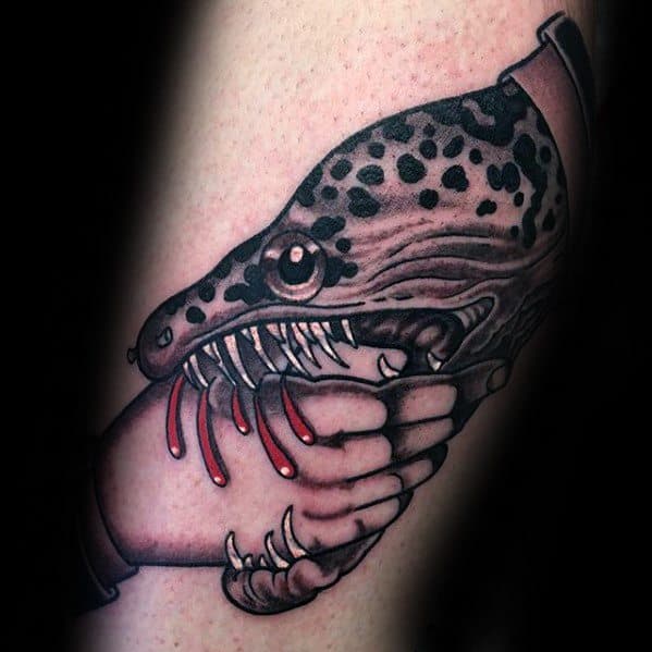Cool Male Eel Biting Hand With Blood Arm Handshake Tattoo Designs