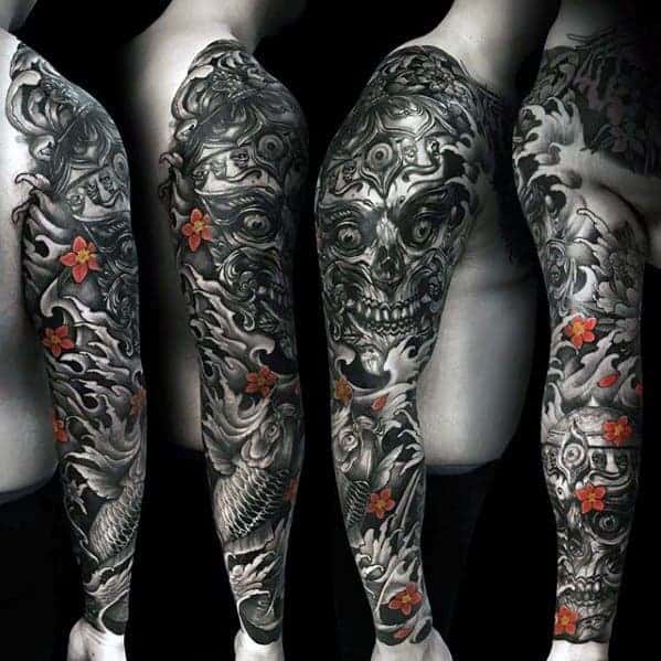 cool-male-full-arm-sleeve-tibetan-skull-tattoo-designs