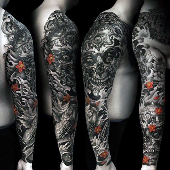 Cool Male Full Arm Sleeve Tibetan Skull Tattoo Designs