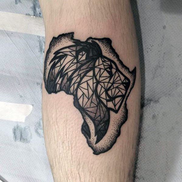 Cool Male Geometric Lion Africa Leg Tattoo Designs