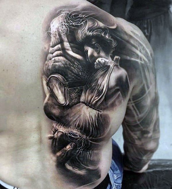 Cool Male Incredible Half Back Portrait Tattoo Designs
