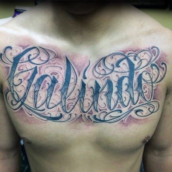 Cool Male Last Name Tattoo On Chest