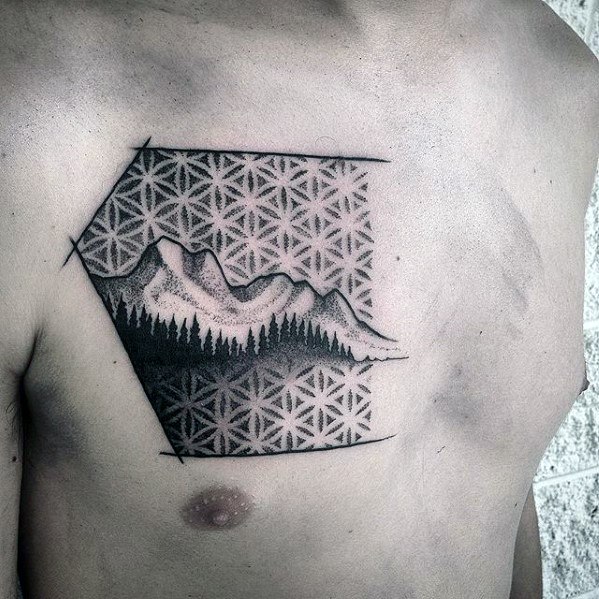 Cool Male Mountains Flower Of Life Geometric Chest Tattoo Designs