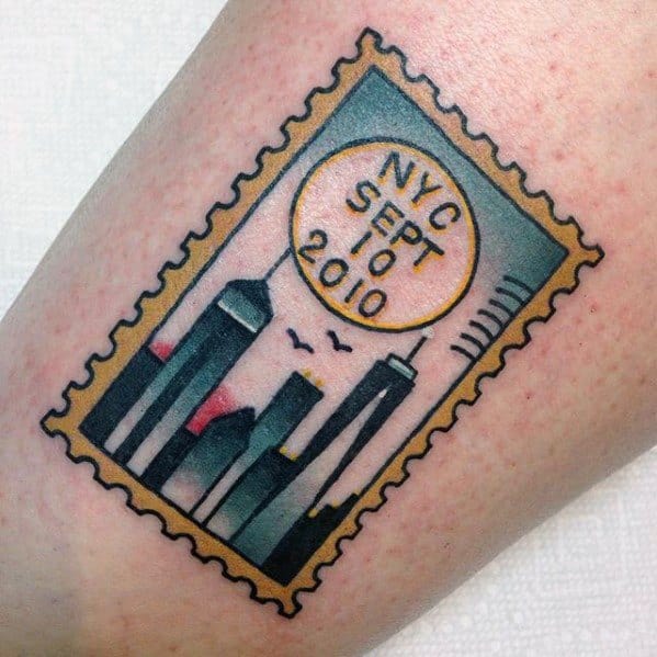 Cool Male New York Skyline Postage Stamp Themed Tattoo Designs