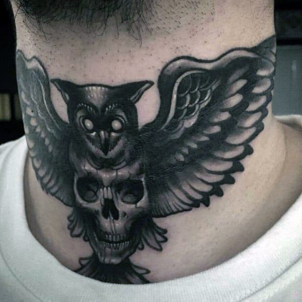 Cool Male Owl With Skull Neck Tattoo Designs