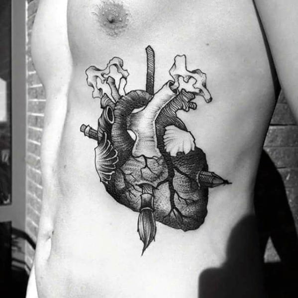 Cool Male Pencil Heart Rib Cage Side Tattoo Designs