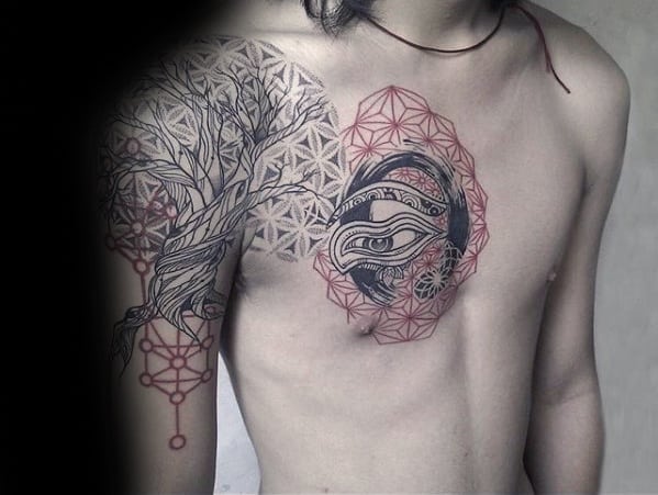 Cool Male Red And Black Ink Geometric Arm And Chest Tattoo Designs