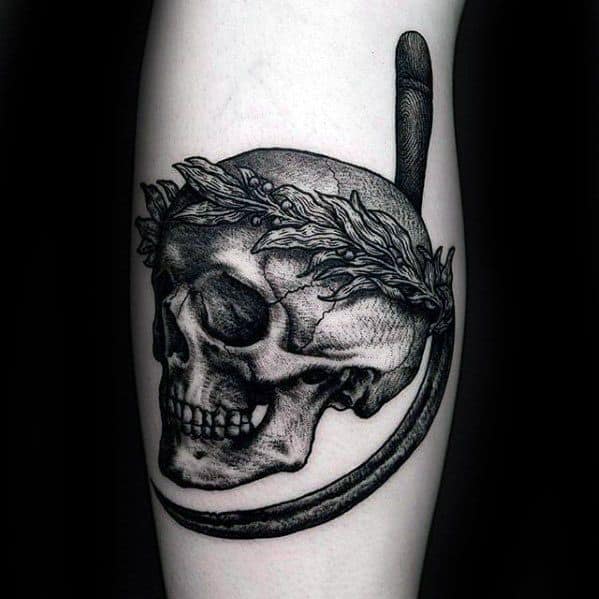 Cool Male Scythe Skull Forearm Tattoo Designs