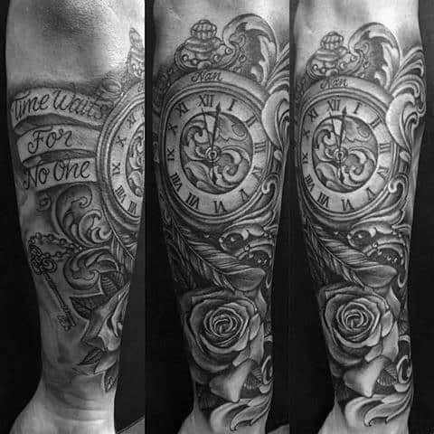 Cool Male Time Waits For No Man Tattoo Designs