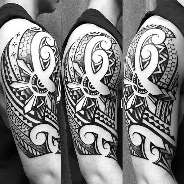 Cool Male Tribal Half Sleeve Filipino Sun Tattoo Designs