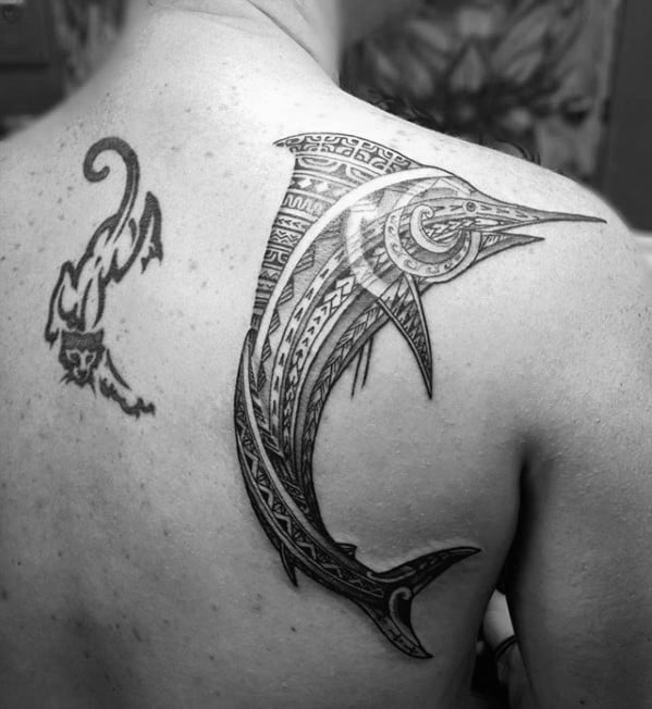 Cool Male Tribal Swordfish Upper Back Tattoo Designs