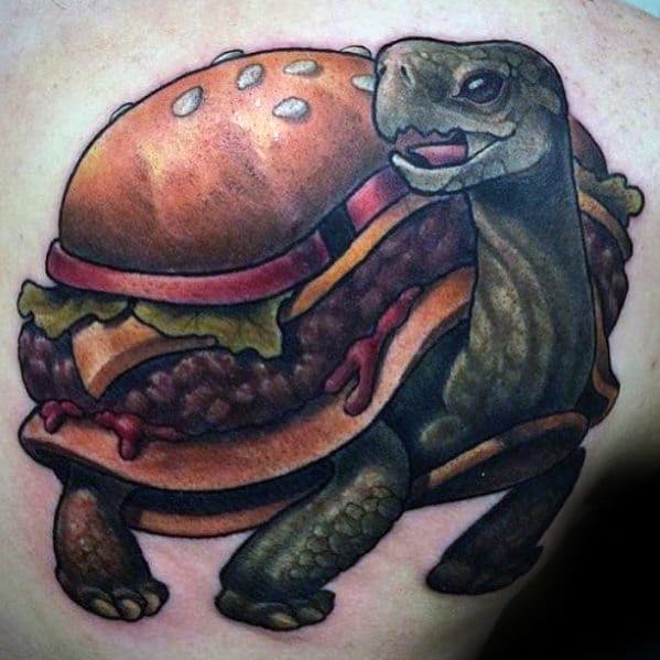 Cool Male Turtle Shell Cheeseburger Tattoo Designs On Shoulder Blade